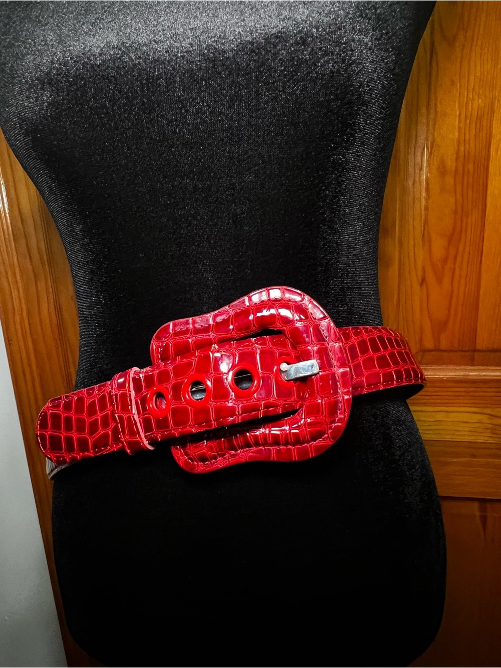Red Croc-Embossed Wide Belt - Women Accessories